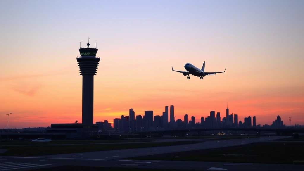 LaGuardia Airport control tower and runway at sunset with commercial aircraft approaching landing, Manhattan skyline visible in background