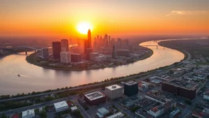 Aerial sunrise view of New Orleans city skyline with Mississippi River curves, French Quarter visible below, golden morning light, professional travel photography