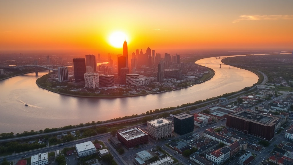 Aerial sunrise view of New Orleans city skyline with Mississippi River curves, French Quarter visible below, golden morning light, professional travel photography