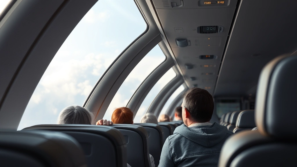 Modern commercial aircraft cabin interior with passengers during flight, window view of clouds, natural daylight, realistic airport/aviation setting