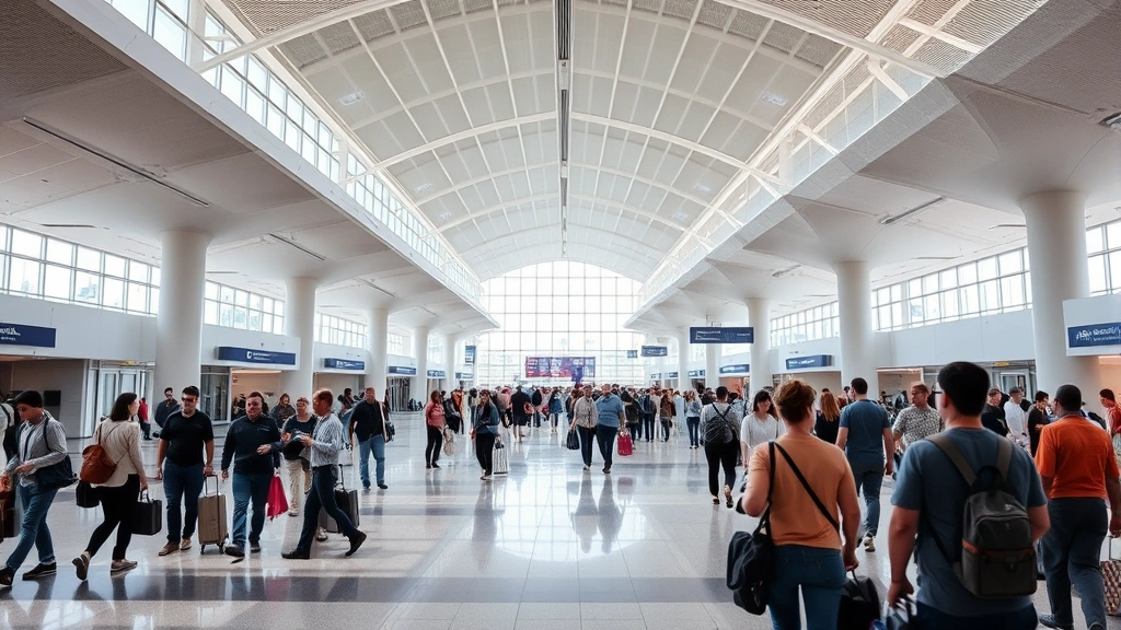 Hartsfield-Jackson Atlanta International Airport modern terminal interior with travelers, natural lighting, contemporary architecture, busy but not crowded