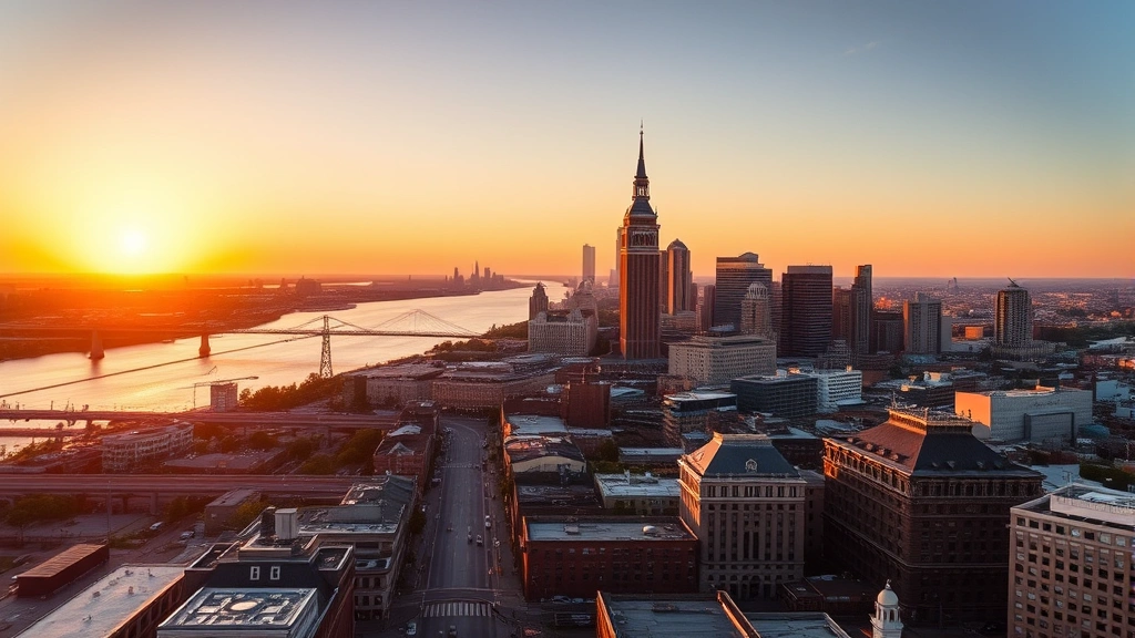 Aerial view of New Orleans skyline with Mississippi River and French Quarter architecture during golden hour sunset, professional travel photography