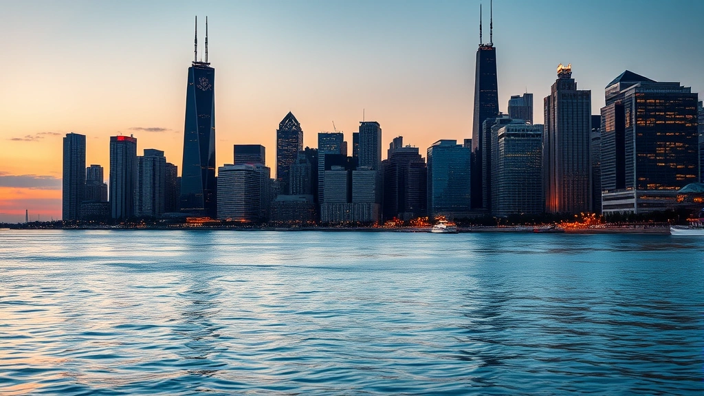 Chicago skyline with Lake Michigan waterfront, Willis Tower and modern skyscrapers reflecting in water at dusk, photorealistic cityscape
