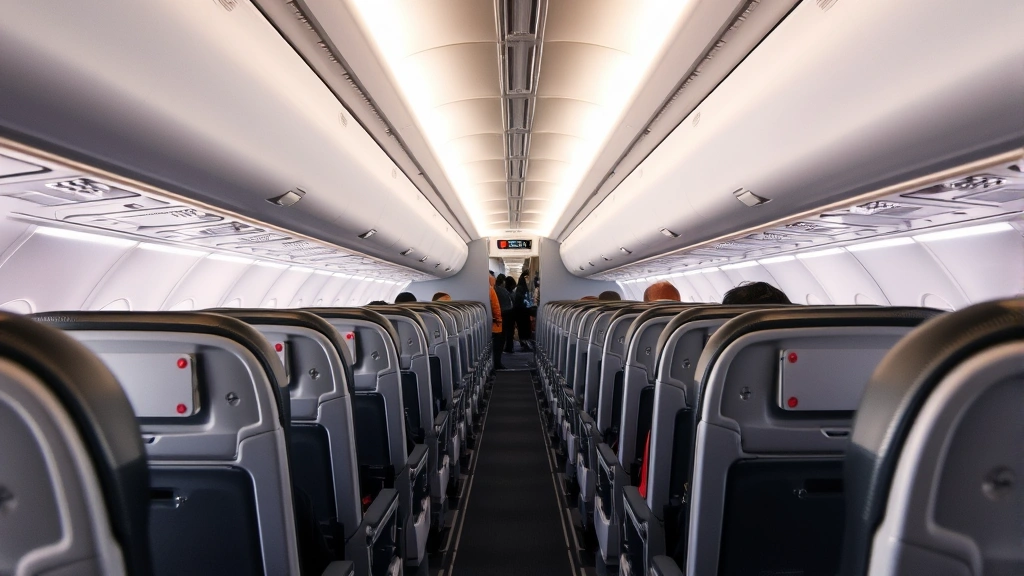 Modern airplane cabin interior showing rows of seats, overhead bins and aisle during flight, passengers visible in background, professional aviation photography