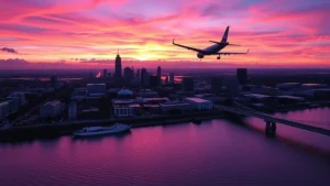 Aerial view of New Orleans skyline with Mississippi River at sunset, vibrant purple and orange sky, commercial airplane banking toward camera in distance, no text or signage visible
