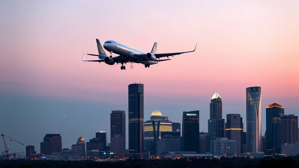 Houston skyline at dusk with downtown buildings illuminated, commercial airplane on final approach to landing with wheels extended, clear sky transitioning to twilight, no text overlay