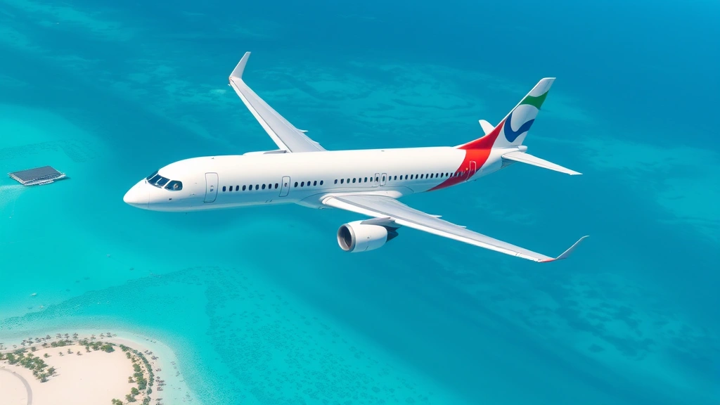 Modern commercial aircraft in flight over turquoise ocean water with white sandy beaches visible below, clear blue sky, photorealistic aviation photography
