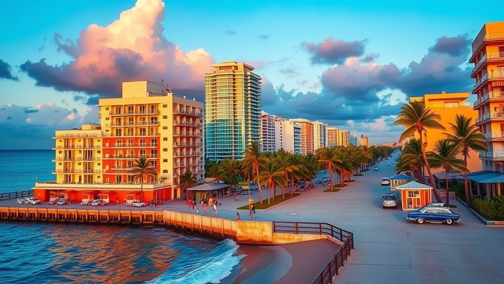 Miami Beach coastline with colorful art deco buildings, palm trees, and blue ocean water, sunset golden hour lighting, vibrant tropical destination photography