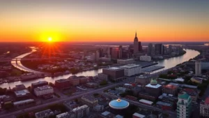 Aerial view of New Orleans skyline with Mississippi River at sunset, golden hour lighting, clear sky, vibrant city landscape