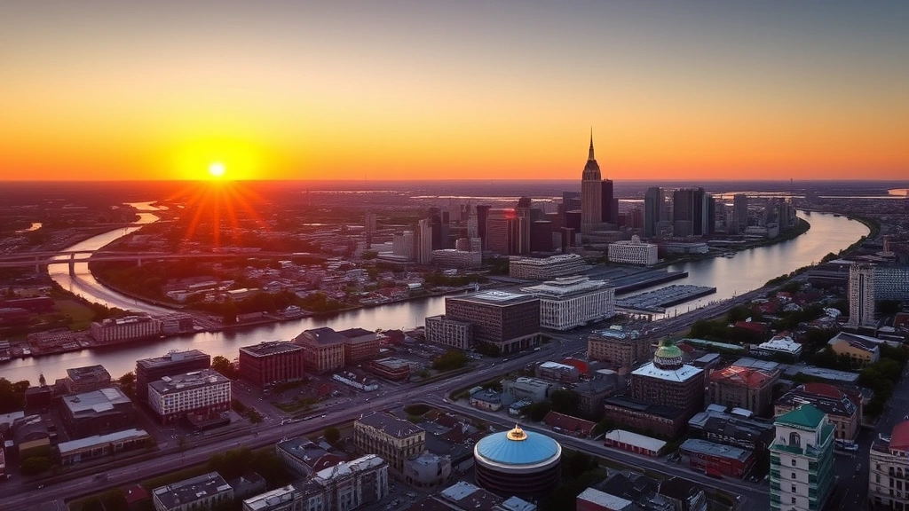 Aerial view of New Orleans skyline with Mississippi River at sunset, golden hour lighting, clear sky, vibrant city landscape