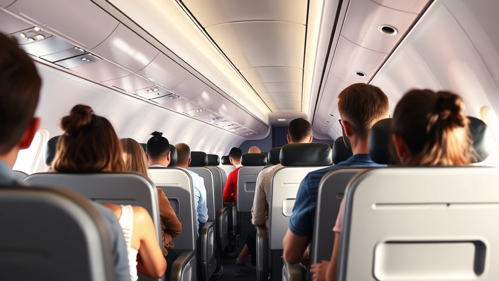 Modern commercial airplane cabin interior with passengers during flight, natural daylight from windows, comfortable seating arrangement, peaceful atmosphere