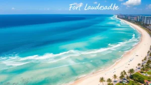 Aerial view of Fort Lauderdale beach and Atlantic Ocean with sunny blue waters and white sand, tropical palm trees visible along coastline