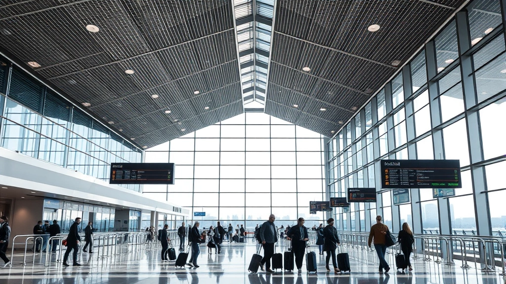 Modern airport terminal interior at New York JFK with travelers walking with luggage, departure boards visible, contemporary glass and steel architecture