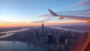 Aerial view of New York City skyline with Manhattan buildings and Hudson River at sunset, showing urban landscape from airplane window during golden hour