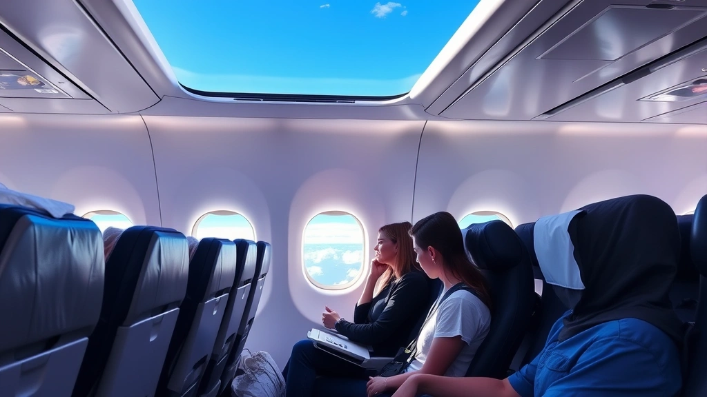 Passengers in modern aircraft cabin during flight with window showing blue sky and clouds, comfortable seating with modern design elements visible