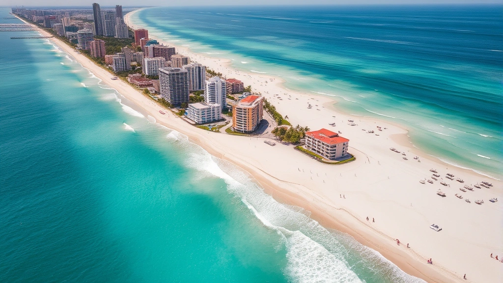 Miami beach coastline with turquoise ocean waters, white sand beaches, and colorful Art Deco buildings along the shore from aerial perspective