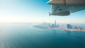 Aerial view of a commercial aircraft flying over the Atlantic Ocean with New York City skyline visible in the distance, bright daylight, clear sky, professional aviation photography