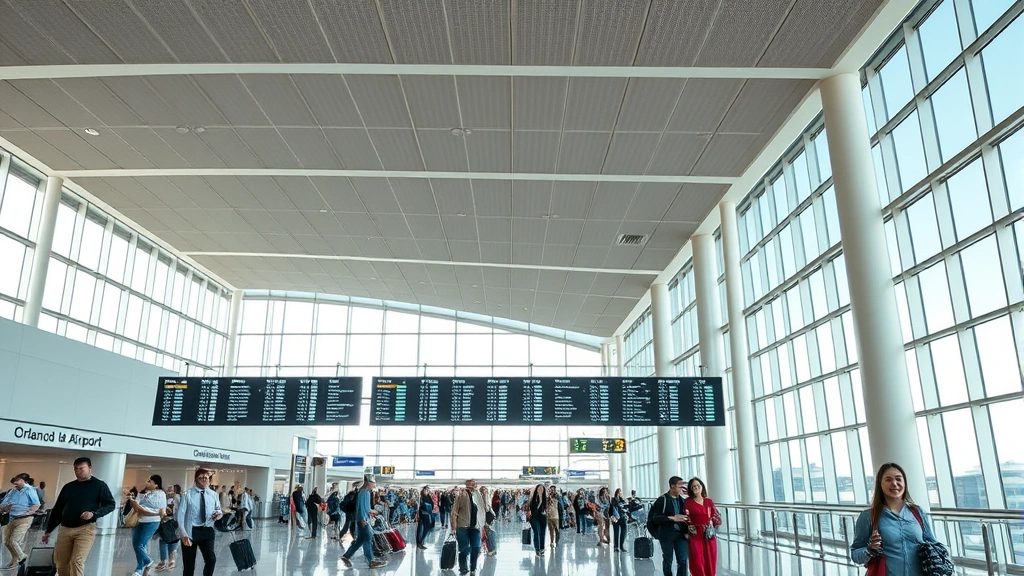 Modern airport terminal interior showing departure boards and passengers with luggage, Orlando International Airport style, bustling but organized, natural lighting from large windows