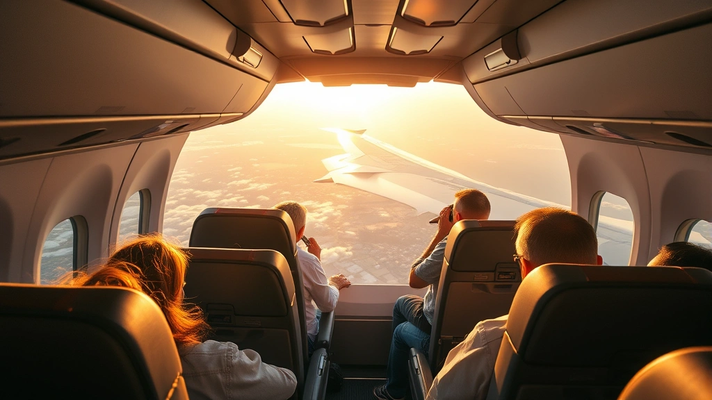 Overhead shot of an airplane cabin during flight with passengers in seats, window views of Florida landscape below, warm afternoon light, realistic travel experience perspective