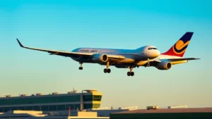 Modern commercial aircraft taking off from Newark Liberty International Airport at sunrise, clear blue sky, plane banking away from terminal buildings, dynamic motion photography
