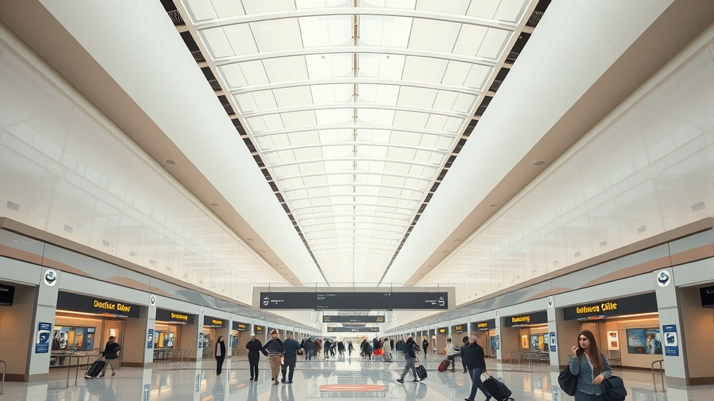 Interior of Chicago O'Hare International Airport terminal showing gates, passengers walking with luggage, modern architecture and bright lighting, daytime scene photorealistic