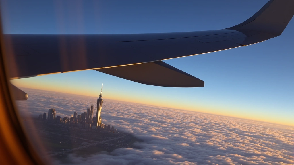 Airplane window view showing Chicago skyline with Willis Tower visible, clouds below, golden hour lighting, realistic travel photography perspective