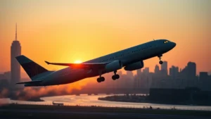 Modern commercial airplane taking off from Newark airport at sunrise with Manhattan skyline visible in background, dramatic lighting on aircraft fuselage