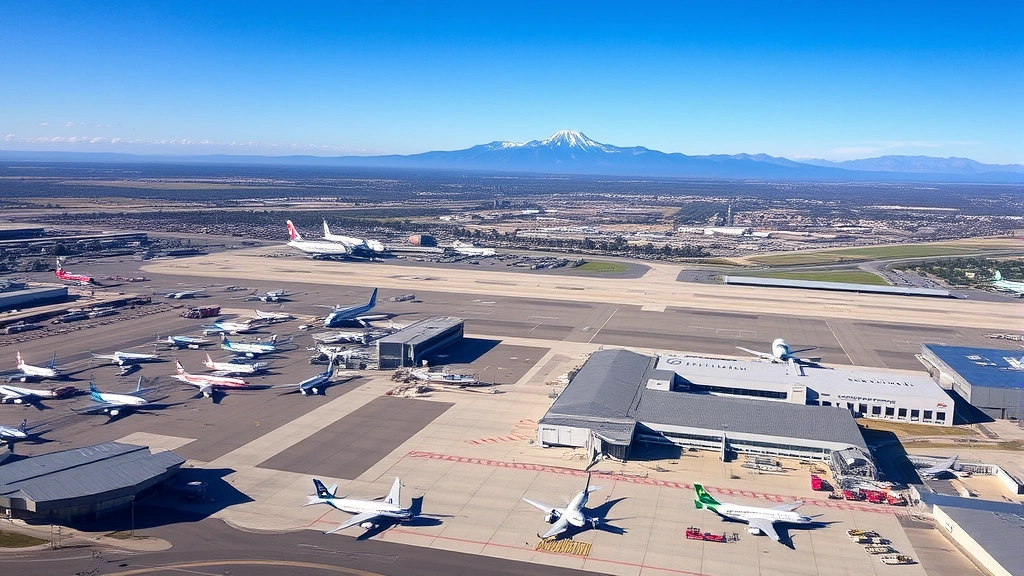 Aerial view of Denver International Airport with Rocky Mountains visible in distance, clear blue sky, multiple aircraft parked at gates
