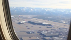 Aerial view of Denver International Airport with snow-capped Rocky Mountains in background, modern architecture visible, clear daytime lighting, photorealistic perspective from aircraft window