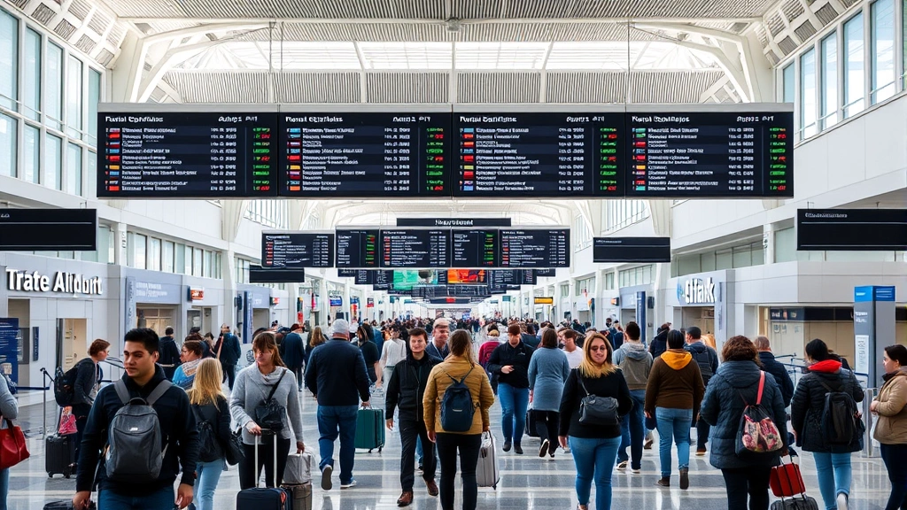 Busy airport terminal at Newark with travelers checking flight boards, modern departure hall with natural lighting, diverse passengers with luggage navigating the space