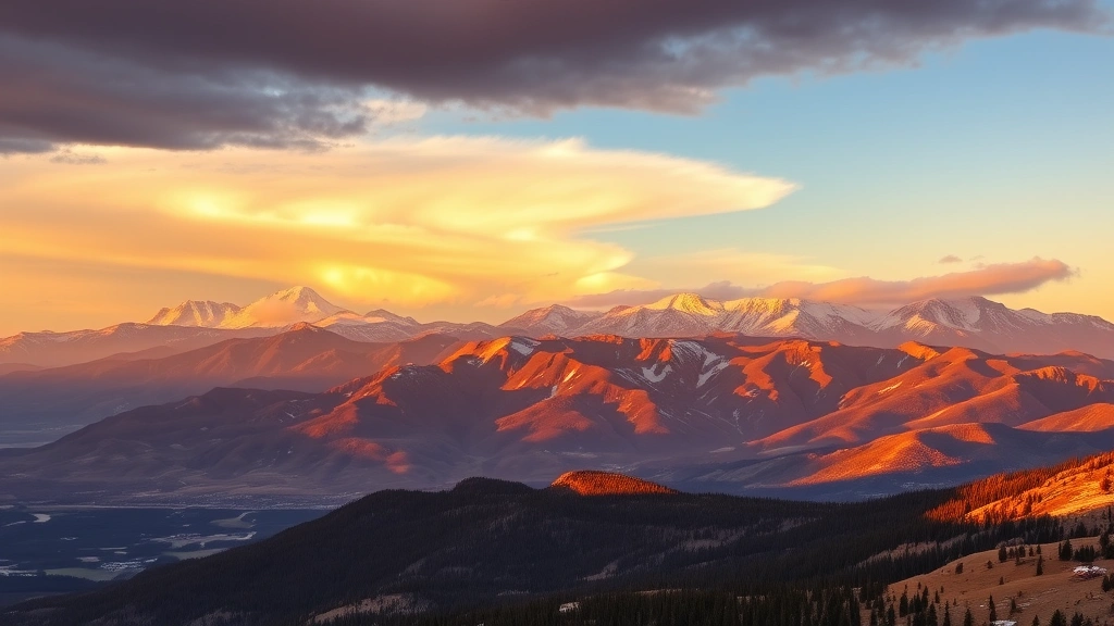 Colorado mountain landscape near Denver at sunset with golden hour lighting, scenic terrain, ski slopes visible on distant peaks, dramatic cloudscape above