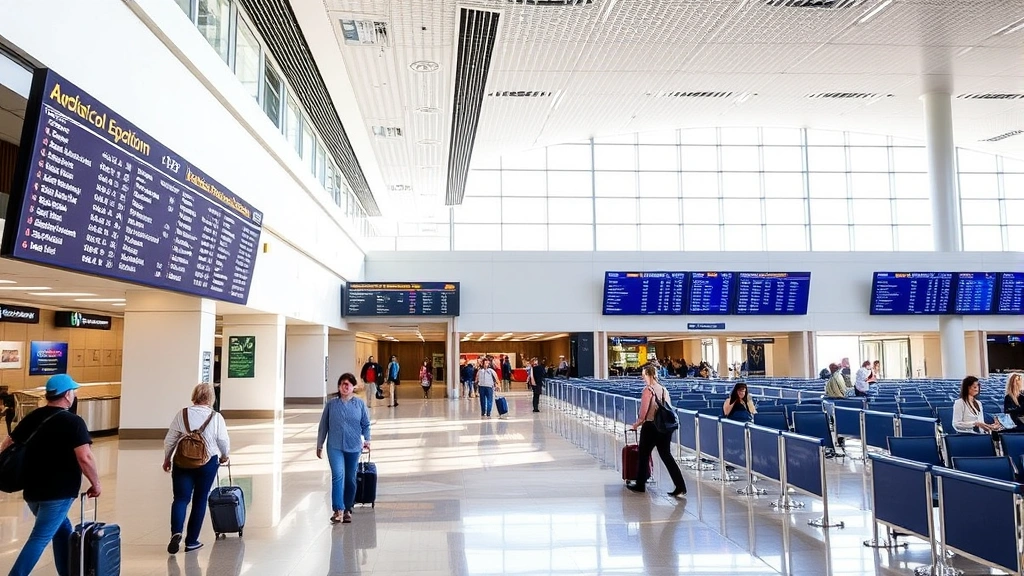 Fort Lauderdale-Hollywood International Airport terminal interior with bright natural lighting, travelers with luggage walking through modern corridors, departure boards displaying flight information