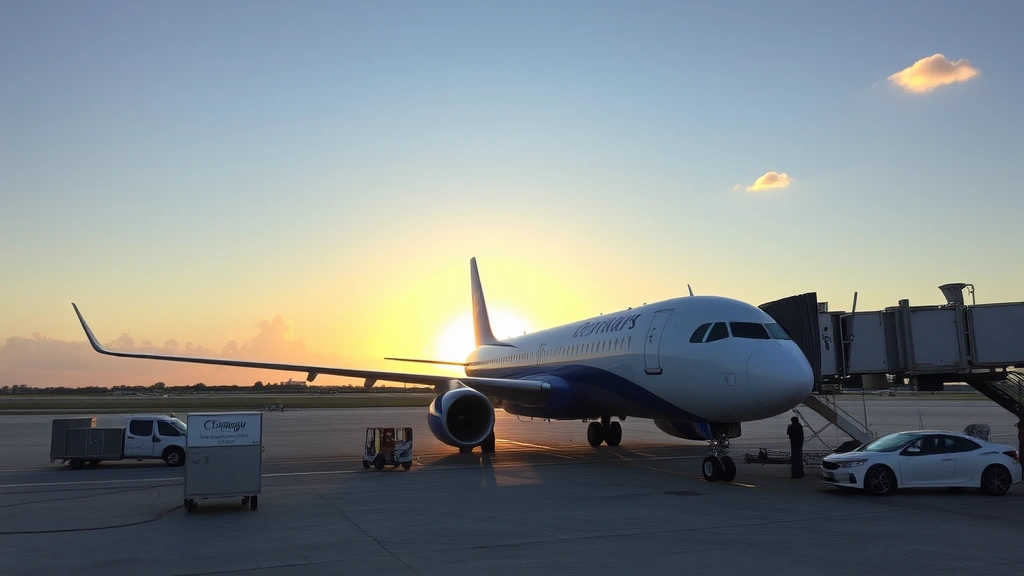Commercial aircraft on tarmac at sunrise with ground crew preparing plane, baggage carts and catering trucks nearby, clear Florida sky visible, boarding bridge connected to aircraft