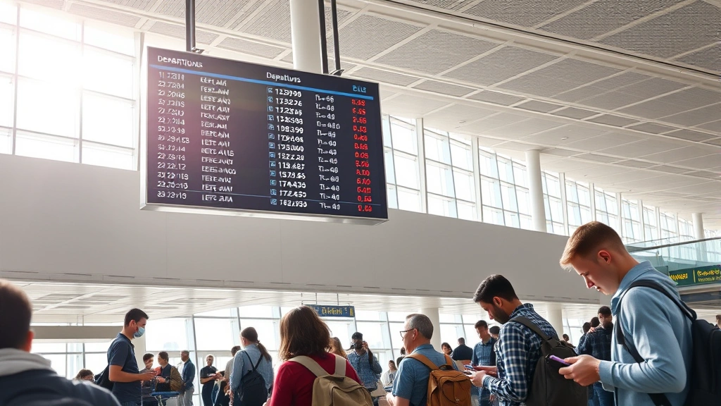 Modern airport terminal with departures board displaying flight information, passengers checking phones and tablets, bright daylight streaming through windows, contemporary architecture and digital displays