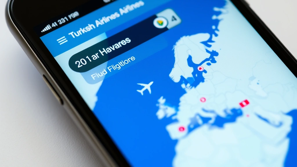 Close-up of smartphone screen showing Turkish Airlines mobile app with live flight tracker map, aircraft position indicator, real-time altitude and speed data, clean interface design