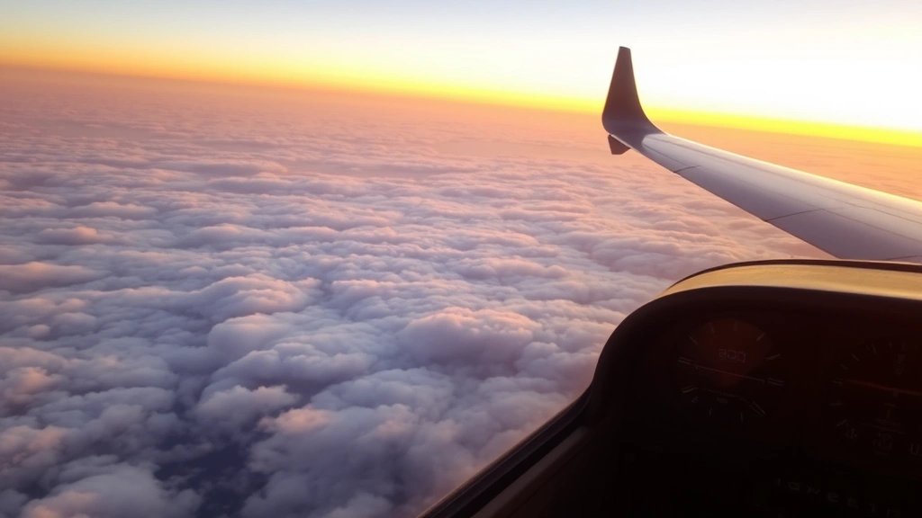 Pilot's view from aircraft cockpit over clouds at sunset during cruise, showing instrument panel, wingtip visible against golden sky, peaceful flight in progress atmosphere