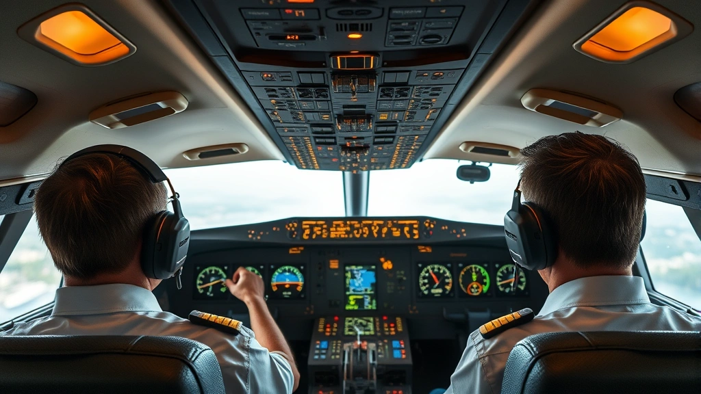 Commercial aircraft cockpit with pilots monitoring instrument panels, overhead switches illuminated, realistic detailed avionics displays, professional aviation environment, natural cabin lighting