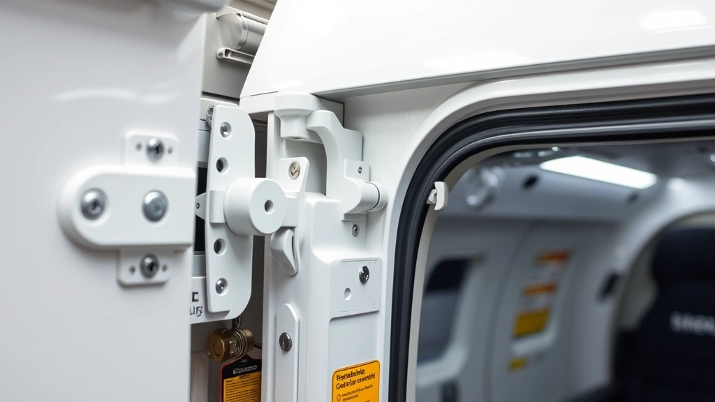 Close-up view of aircraft cabin door mechanism showing locking hardware, mechanical components, and safety features, technical detail photography, professional maintenance setting, no text visible