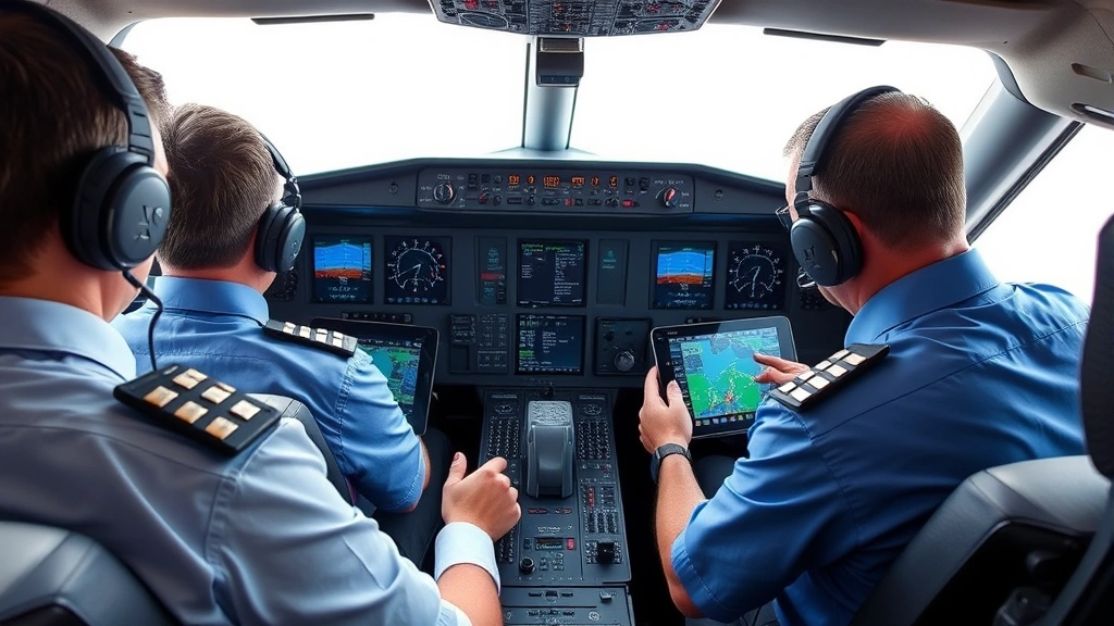 Commercial airline pilots in modern cockpit with digital displays and electronic flight bags, focused on tablet screens showing flight data and weather information, professional aviation environment
