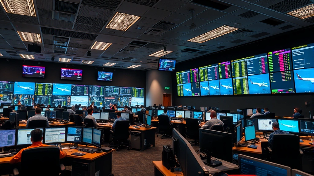 Busy airport operations center with multiple dispatchers working at computer stations, monitoring flight information on large screens, managing real-time flight operations during peak hours