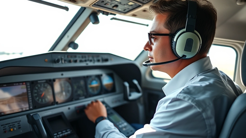 Professional commercial airline pilot in cockpit during daylight flight, focused expression monitoring instruments and controls, realistic modern aircraft interior with multiple displays