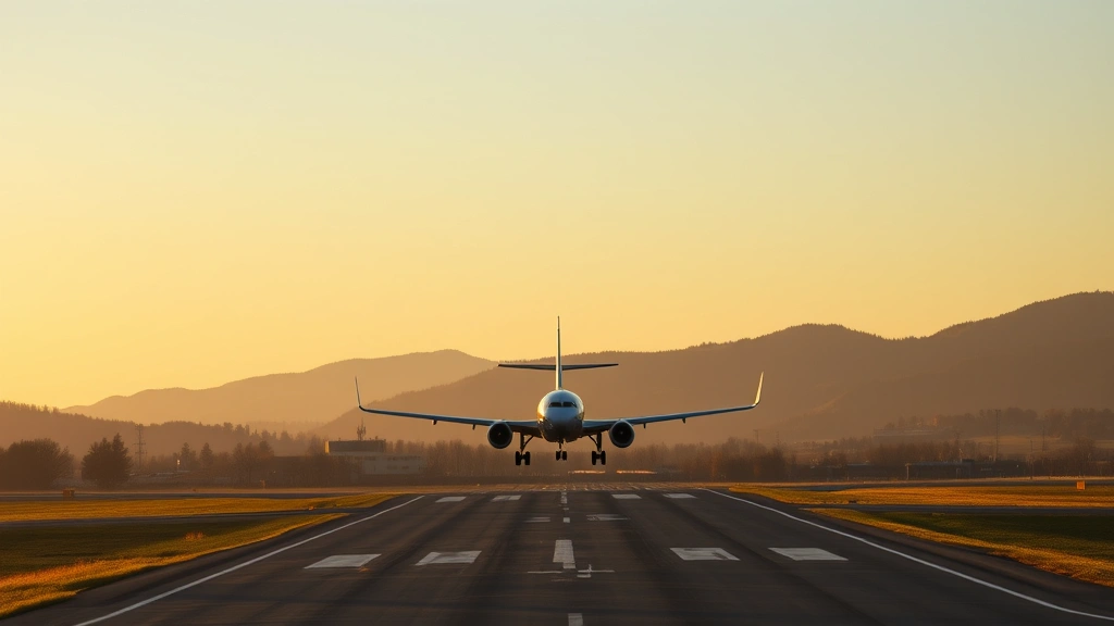 Yeager Airport Charleston West Virginia runway during golden hour with commercial aircraft on approach, mountainous West Virginia terrain visible in background, clear sky conditions