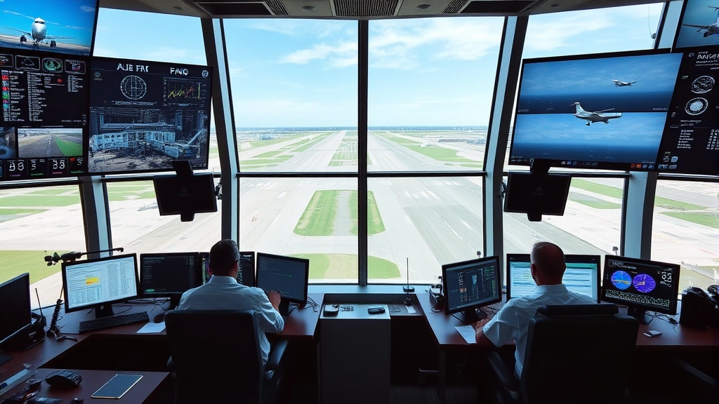 Air traffic control tower interior with controllers monitoring radar screens and communication equipment, professional setting with multiple workstations, focused operators managing flight operations