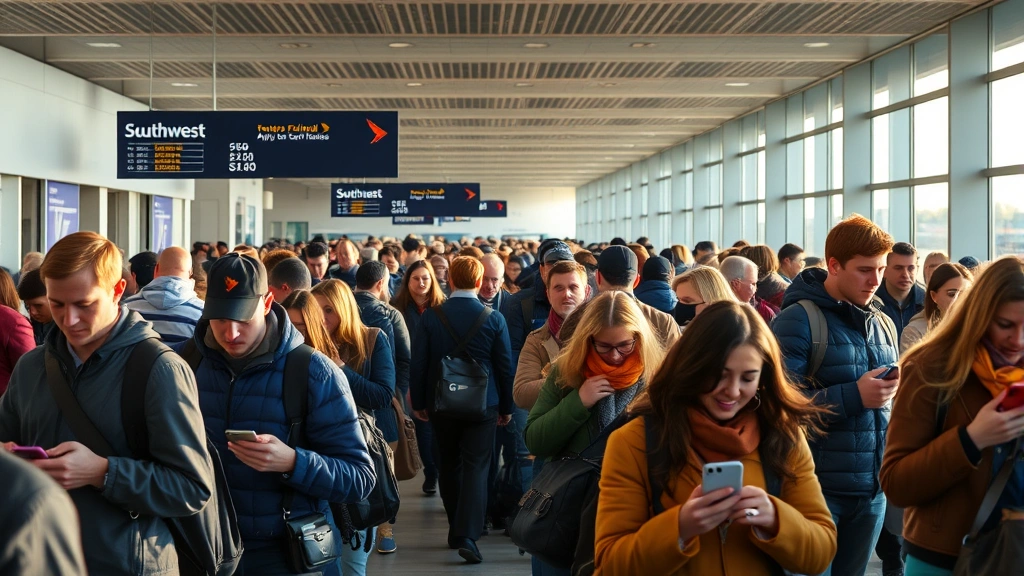 Busy Southwest Airlines gate area during morning departure with diverse passengers checking boarding passes on smartphones, natural terminal lighting, autumn clothing visible, authentic airport atmosphere