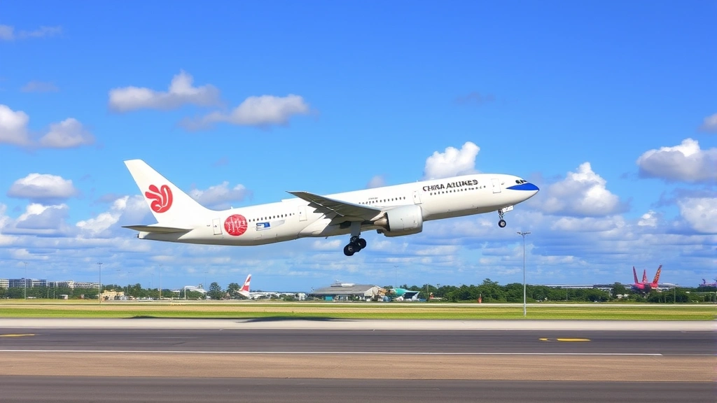 Modern Boeing 777 aircraft in China Airlines livery during takeoff at Taipei Taoyuan International Airport with clear runway markings visible below, daytime shot with blue sky and cumulus clouds