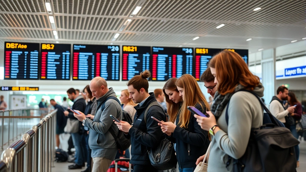 Diverse group of passengers checking flight status on mobile devices at modern airport terminal gate area, with departure boards visible in background showing multiple flight information