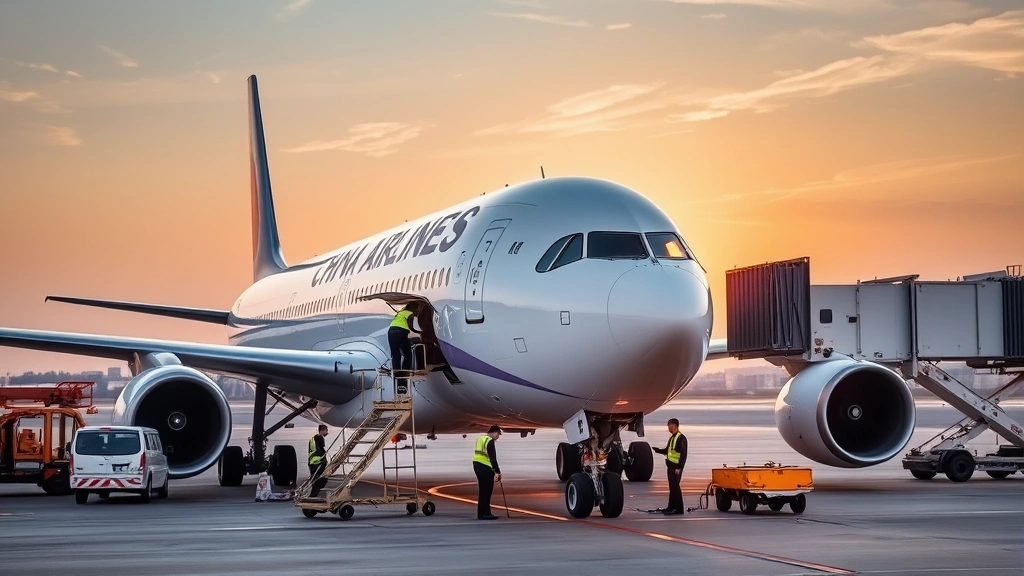 China Airlines ground crew performing pre-flight inspection around aircraft fuselage in morning light, with maintenance equipment and ground support vehicles nearby