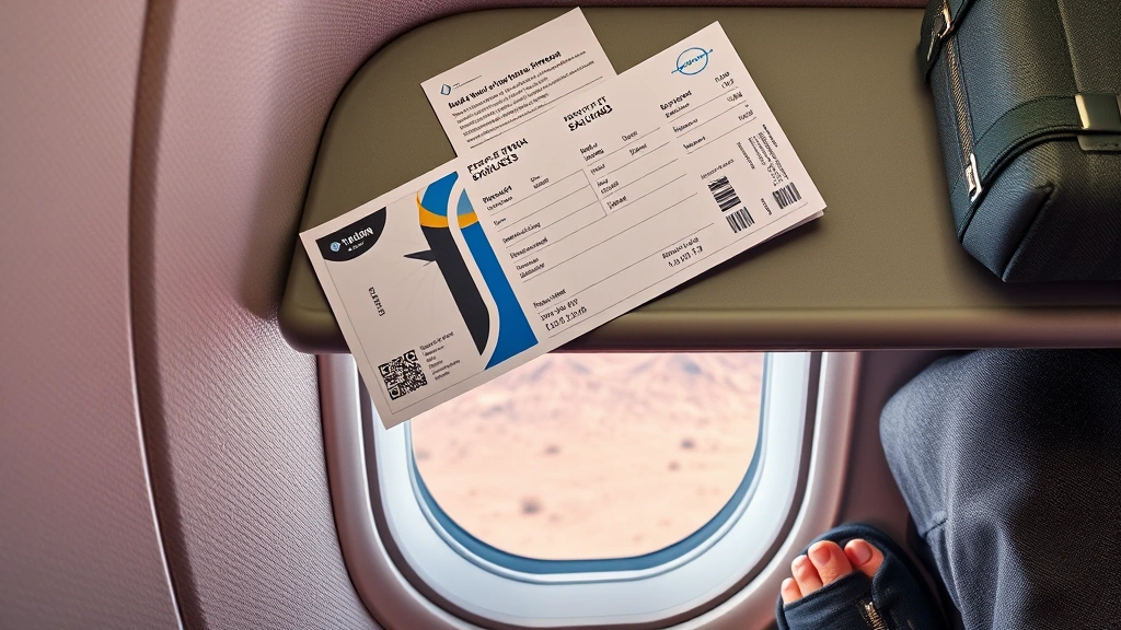 Overhead shot of airline boarding pass and traveler's belongings on airplane tray table, Nevada desert landscape visible through window below