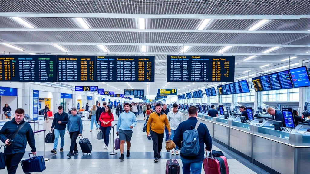 Bustling airport terminal with travelers walking with luggage, check-in counters, and departure boards showing flight information and times