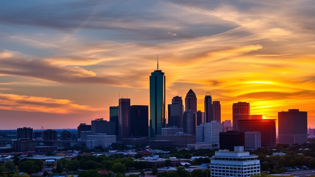 Scenic Dallas-Fort Worth skyline at sunset with modern skyscrapers and urban landscape reflecting warm evening light